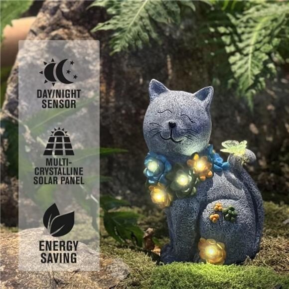 Solar Cat Statue Outdoor Garden Decor, Cat Figurines Garden Outside Decoration - Picture 2 of 7
